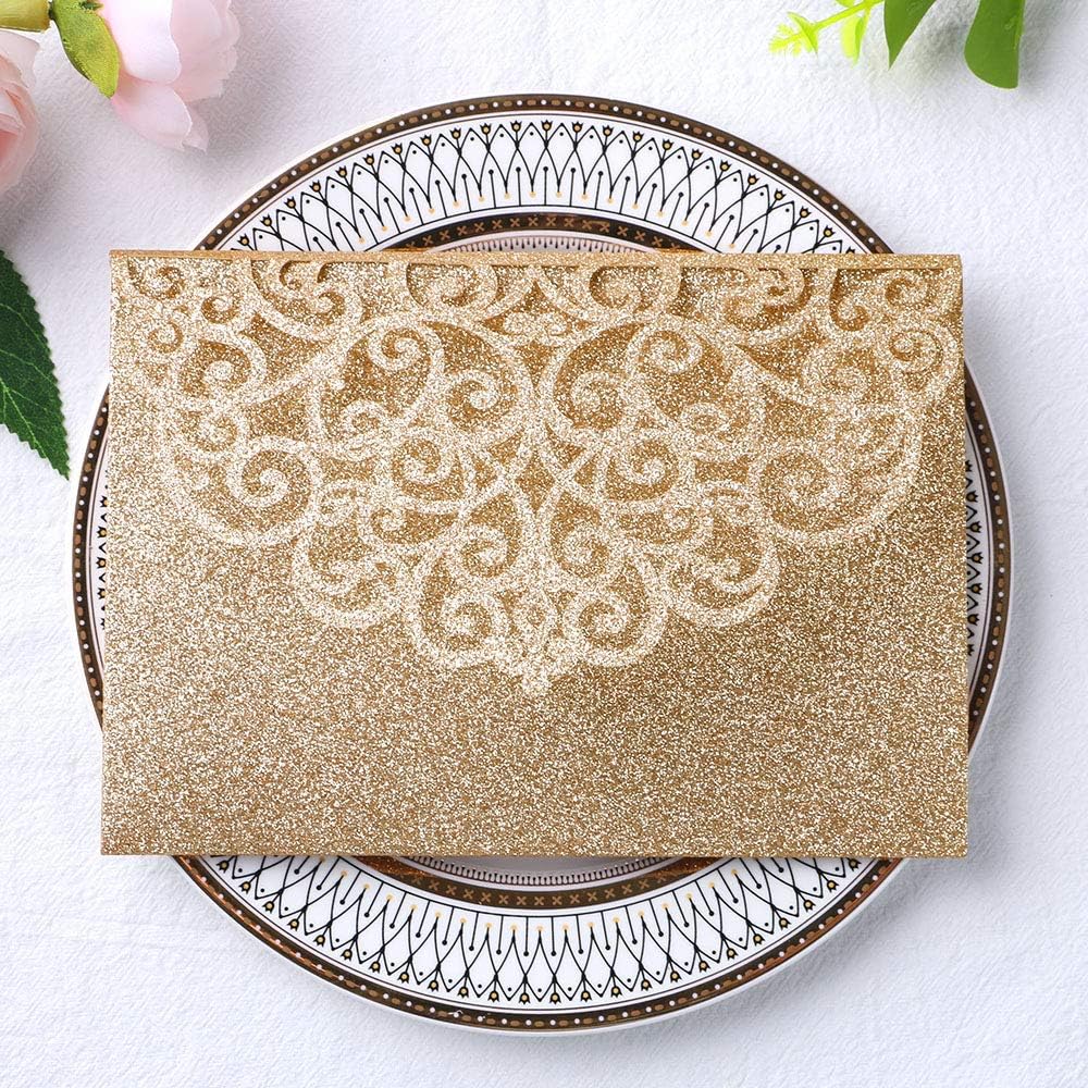 ponatia 5.12 x 7.2 Laser Cut Invitation Pocket, 20PCS Tri-Fold 5 x 7 Laser Cut Wedding Invitation Pockets with Envelopes for Wedding Bbay Shower Birthday Invite (Gold Glitter, No Inner Sheet)
