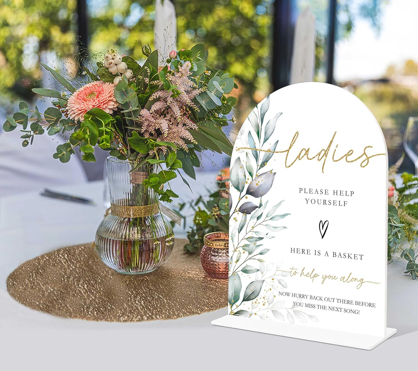 Acrylic Wedding Signs, Greenery Theme Ladies Please Help Yourself Sign, Bridal Shower Table Decor with Stand, Wedding Bathroom Basket Supplies for Engagement, Anniversary, Newlywed Event and Party, 07