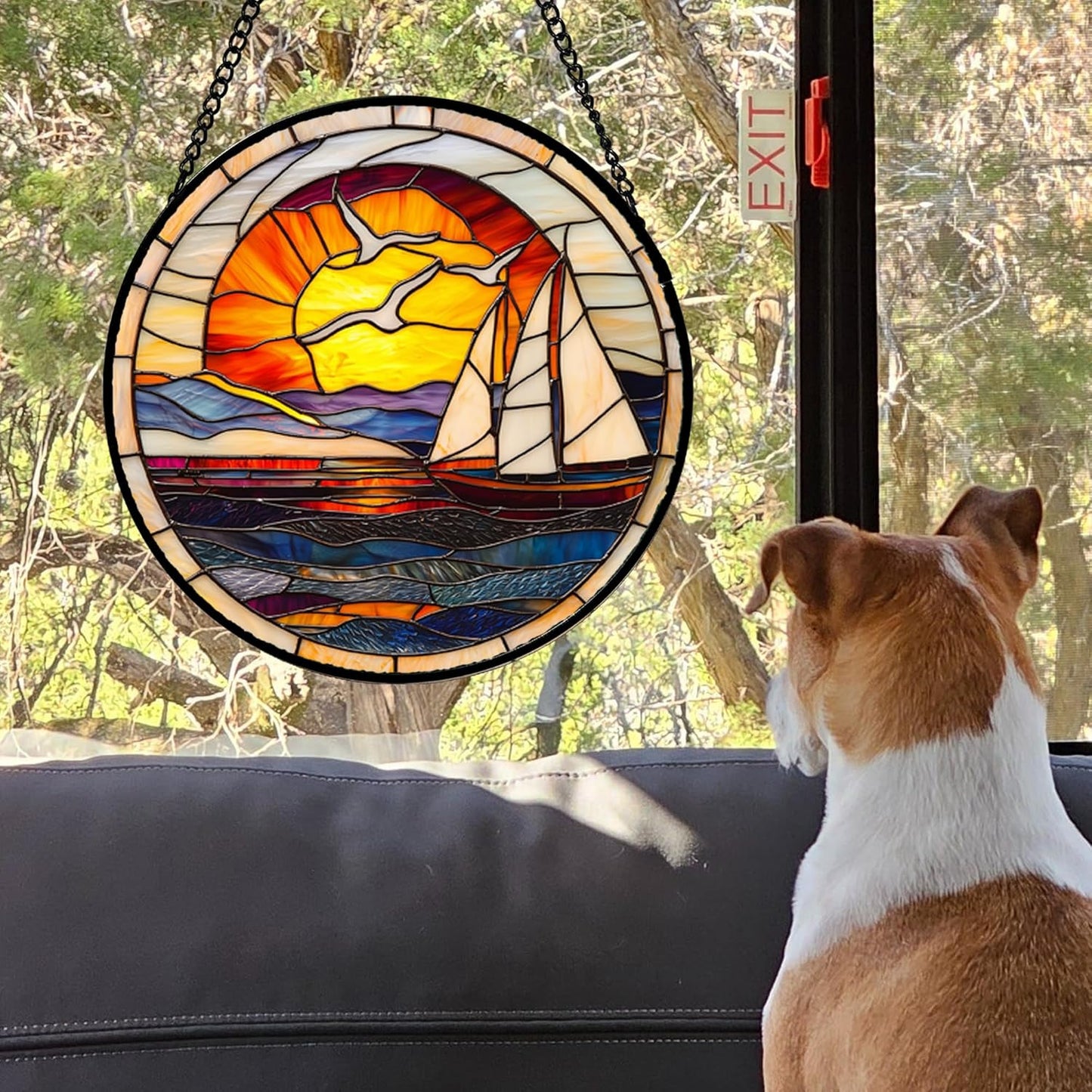 Stained Glass Window Hanging, Sun Ocean Sailboat Seagull Abstract Suncatcher Diamond Glass Panel Sun Catchers Decor for Birthday for Women, Men, Wife, Aunt, and Mom 14.9x14.9 in