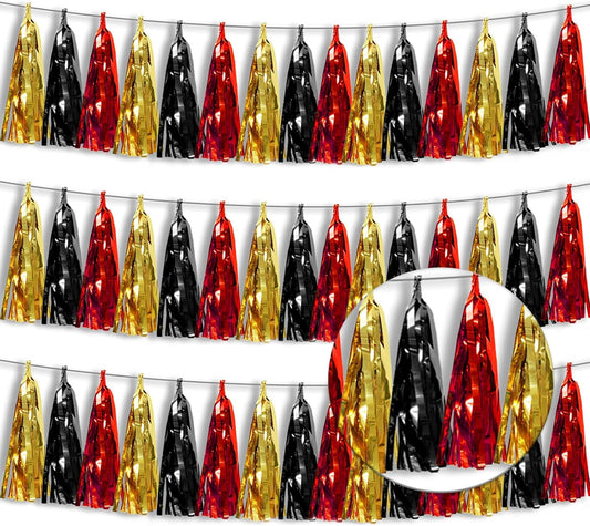 3P Metallic Fringe Banner Garland Foil Tinsel Streamer Wall Hanging Curtain Backdrop Banners for Parade Floats Graduation Decorations, Baby Bridal Shower Party Decoration(Red-Black Gold)