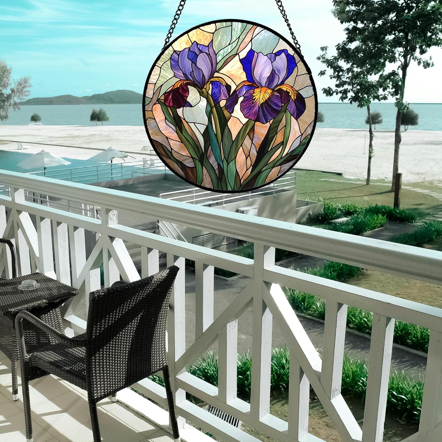 Stained Glass Window Hanging, Purple Blue Iris Birth Flower Suncatcher for Doors Garden Yard Sun Catchers Decor Christmas Mother's Day Birthday Gifts for Teacher Women Mom Nana Wife 7.8 in