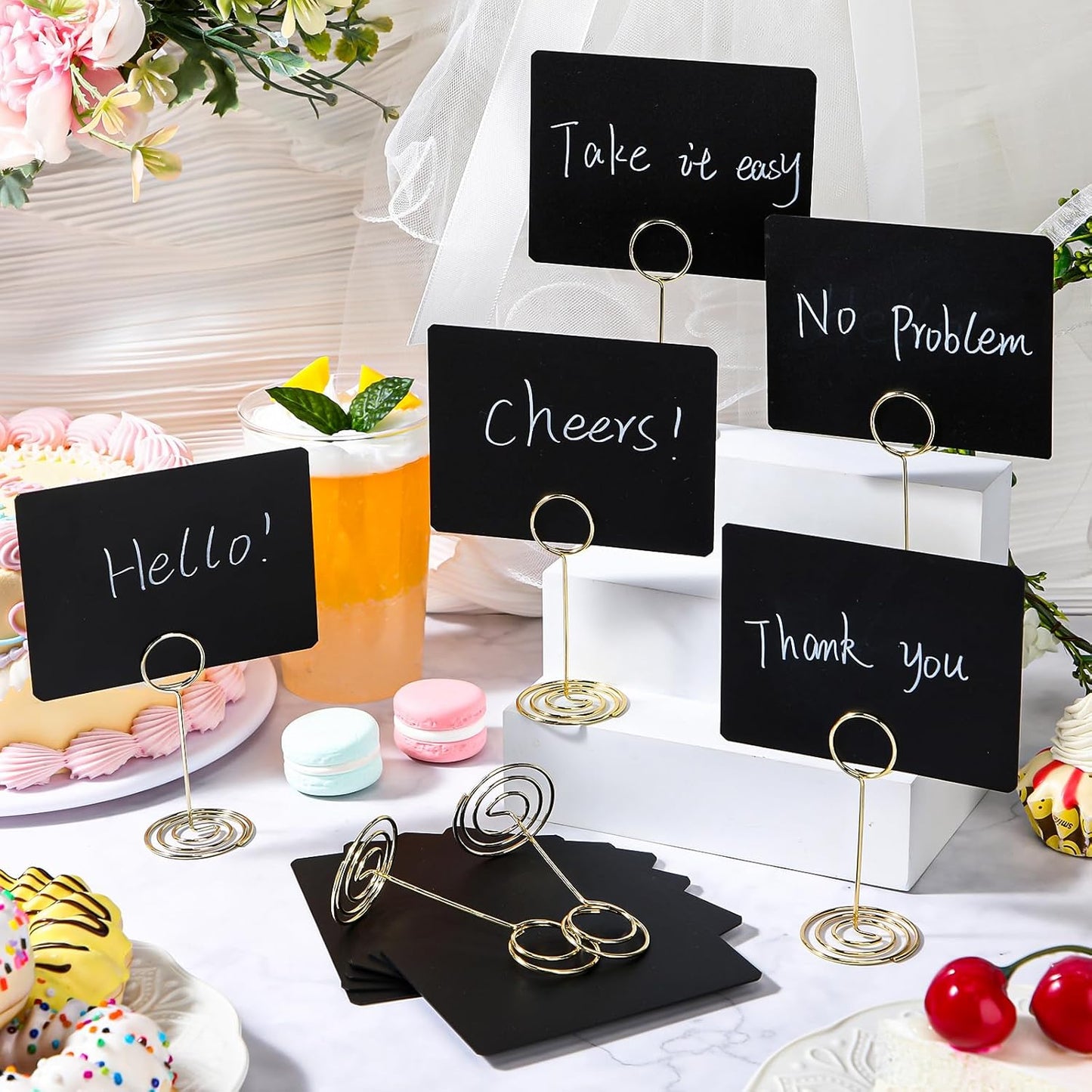 TecUnite 24 Pack Mini Chalkboard Signs, 4"x3" Small Table Place Cards with Metal Stand and 2 Marker Pens Food Labels for Party Buffet, Tabletop Blackboard Signs Name Tags for Wedding Bakery(Gold)