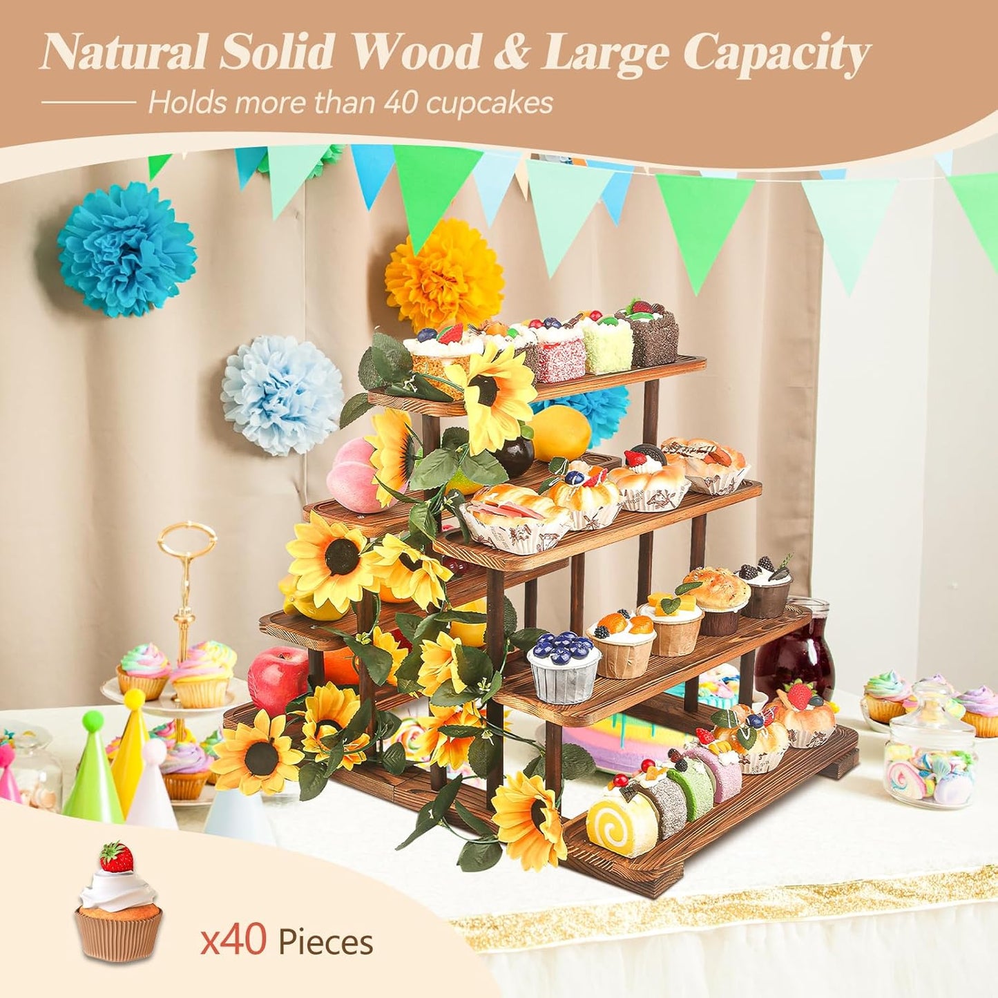 Wooden 7 Tier Cupcake Stand & Towers Serving Trays for Party with Vine Decoration - Party Display Serving Ladder with Platter for Cake, Snacks– Perfect for Catering, Events & Centerpieces