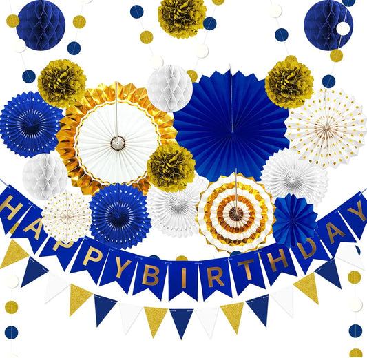 Navy Blue and Gold Happy Birthday Party Decoration 24Pcs Hanging Paper Fans, Pom Poms Flowers Garland String Polka Dot Triangle Bunting Flag Pack Happy Birthday Banner for Boy Birthday Baby Shower
