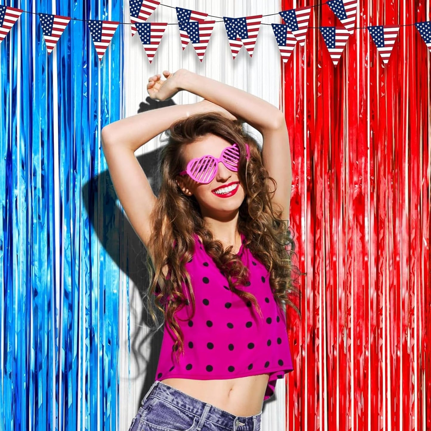 2 Pack Red White and Blue Foil Fringe Backdrop Curtains, Tinsel Streamers Party Decorations, Fringe Backdrop for Patriotic, Memorial Day, 4th of July, Independence Day