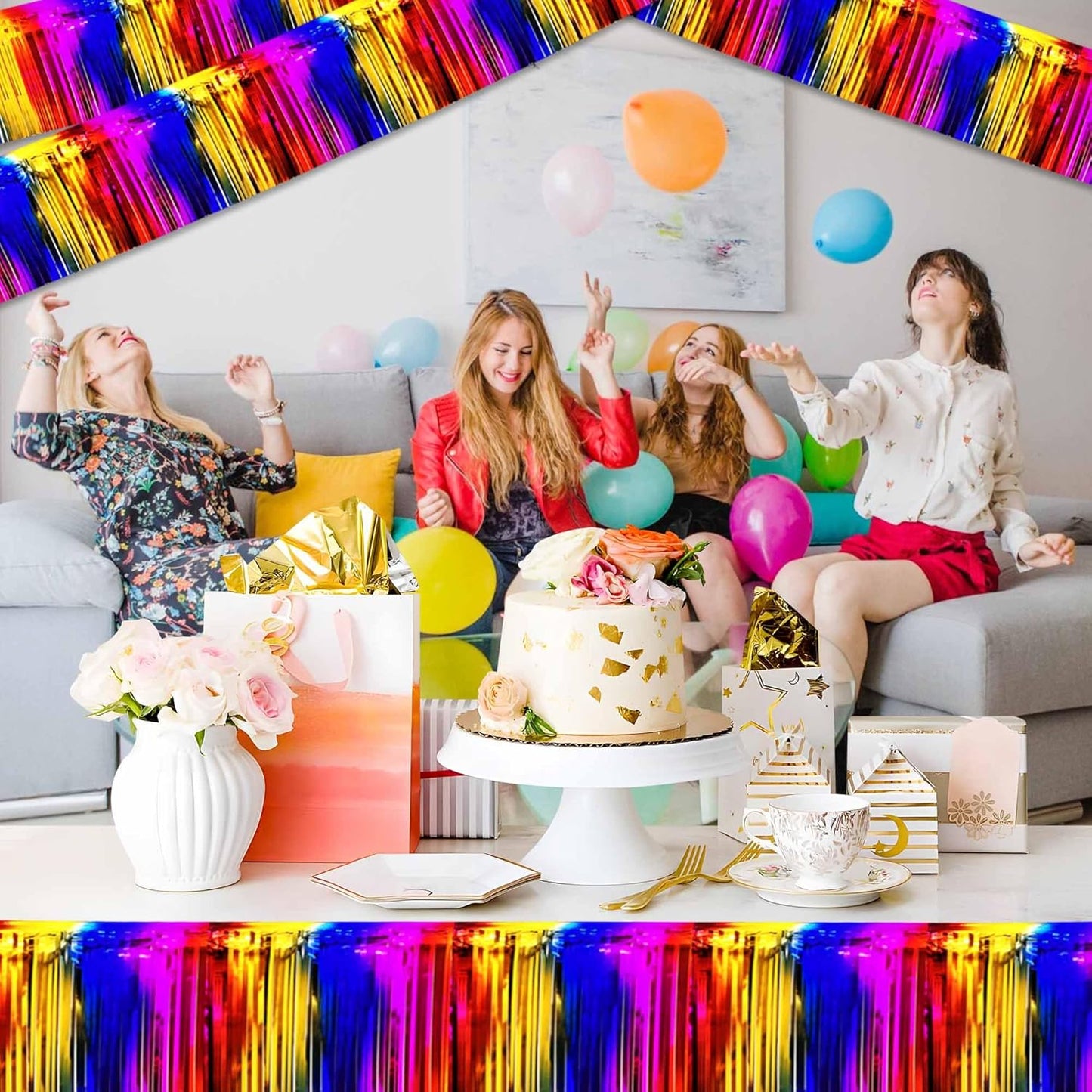 6 Pack 10 Ft Rainbow Foil Fringe Garland Metallic Streamers Tinsel Banner Wall Hanging Garland Backdrop for Parade Floats, Halloween, Christmas, Thanksgiving, New Year Party Decorations
