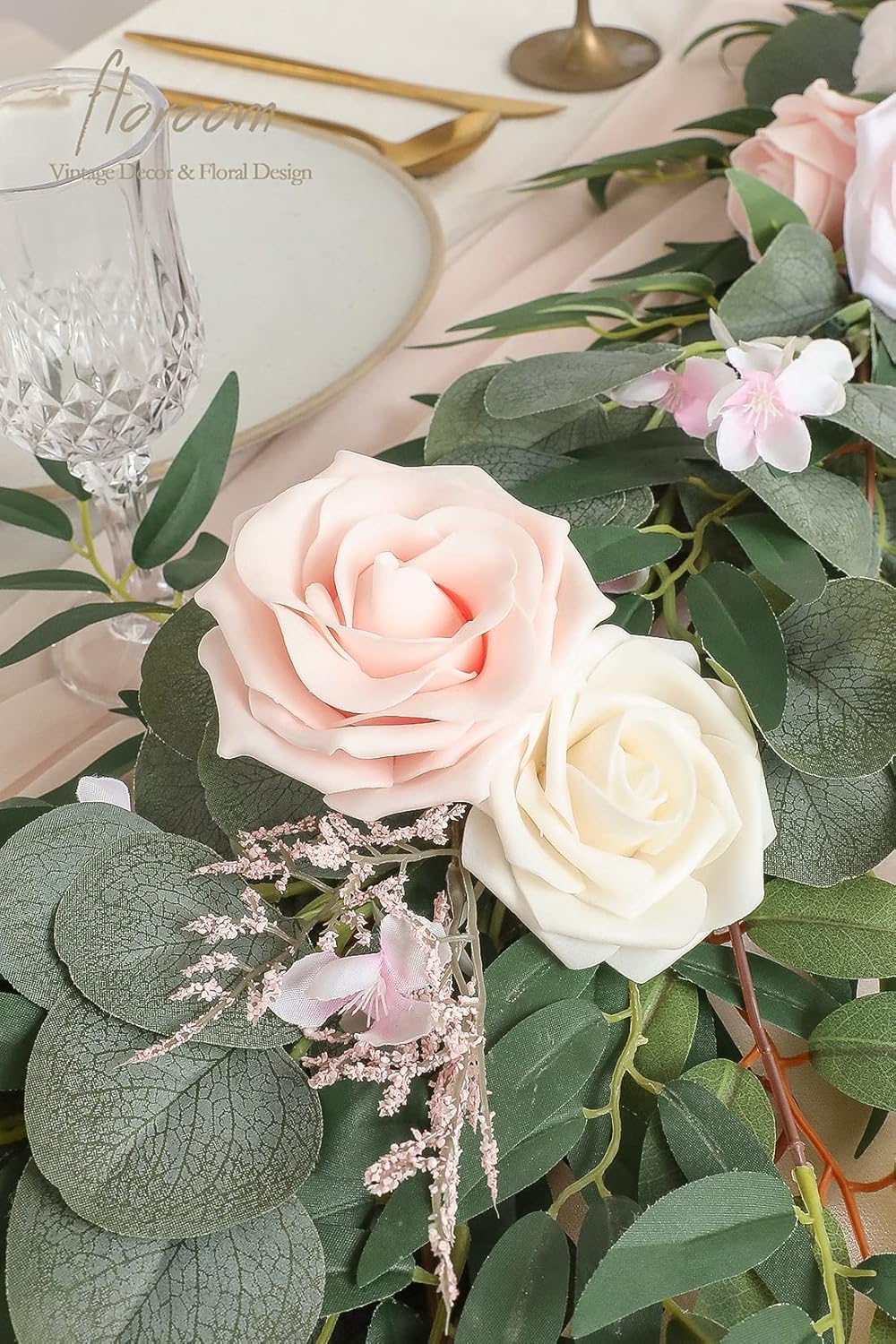 Floroom 6ft Artificial Eucalyptus Garland with Flowers Fake Greenery Faux Floral Vine Garland for Table Decor Wedding Centerpieces Bridal Shower Party Decorations, Blush & Cream