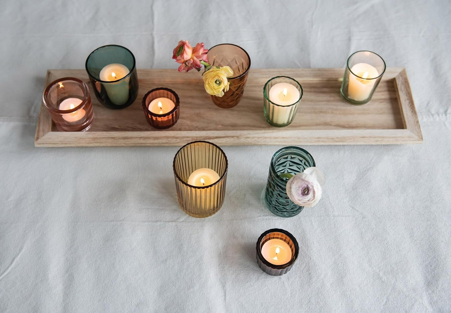 Creative Co-Op Round Glass Votive Holders on Wood Tray, Yellows & Greens, Set of 9