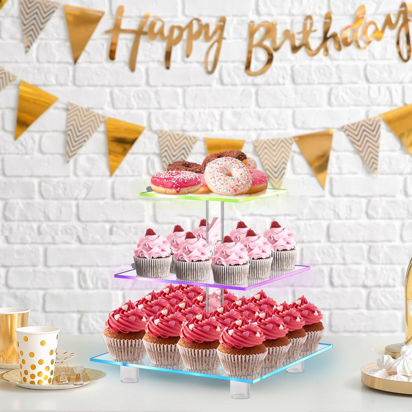 Cupcake Stand for 24 Cupcakes, 3 Tier Cupcake Holder with Rechargeable LED, 7 Colors Light Cupcake Tower, Acrylic Dessert Table Display Set for Weddings, Christmas, Birthday, Parties