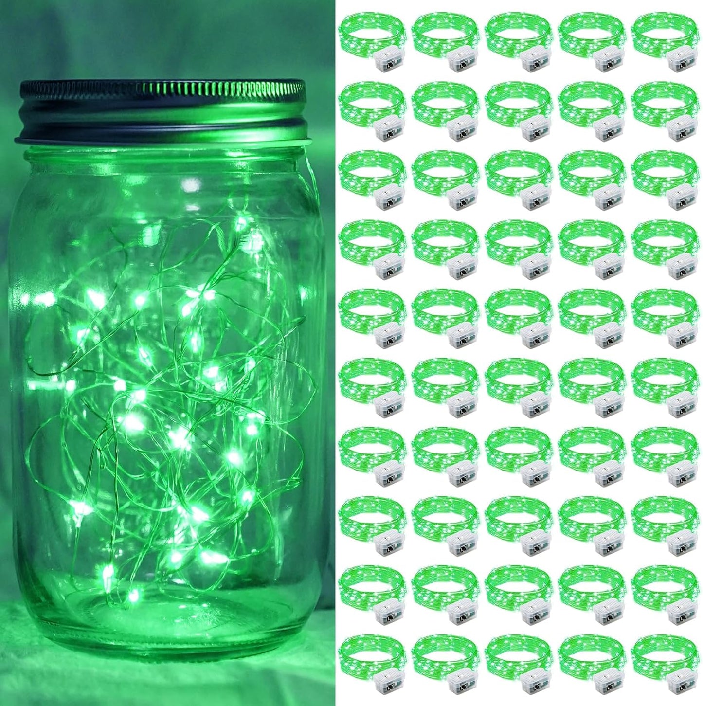 50 Pack Green Fairy Lights 7Ft 20 LED Twinkle String Lights 3 Modes Battery Operated Waterproof Firefly Starry for Mason Jar Party Wedding Christmas Valentines Day Table Centerpieces