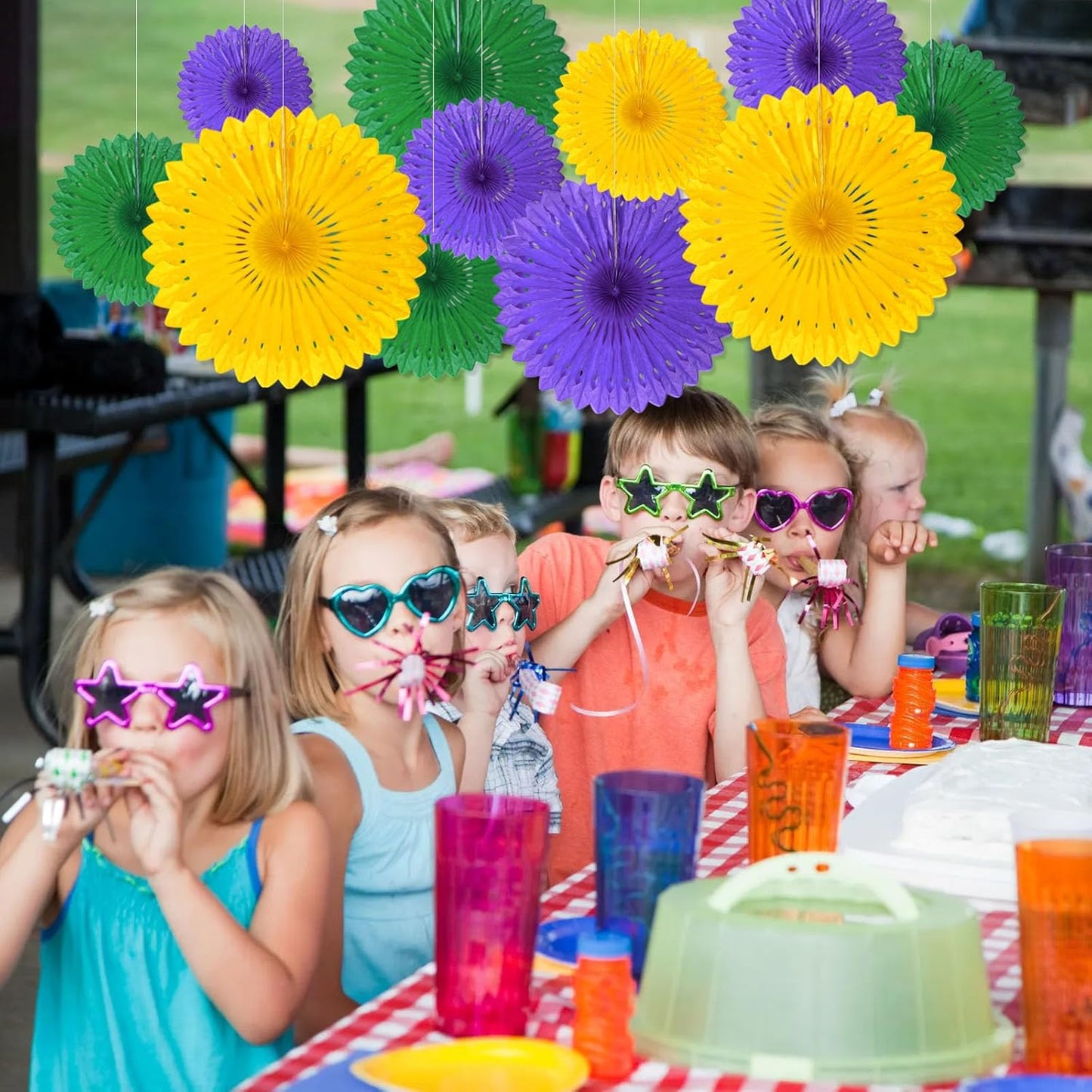 18 Pcs Mardi Gras Hanging Paper Fan, Hanging Honeycomb Round Paper Fans for Weddings, Birthdays, Christmas, Baby Showers, Classroom, Events Ceiling Party Supplies Decorations