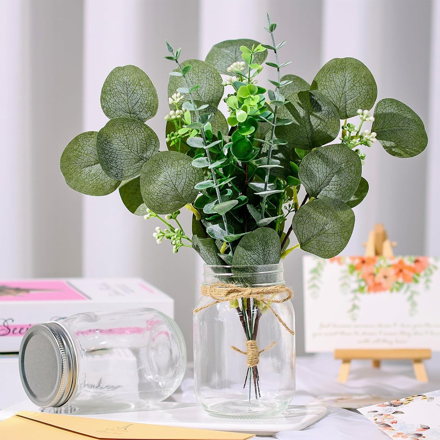 6 Set Centerpiece Table Decorations Mason Jar Table Centerpiece with Flower Mason Jar Wedding Centerpieces Vases Decor for Reception Engagement Party Bridal Shower (Eucalyptus)