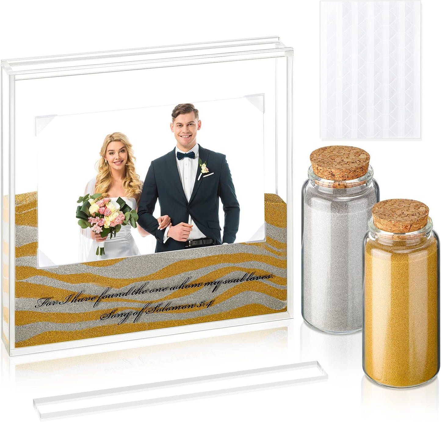 Roowest Sand Ceremony Kit for Wedding Includes Clear Acrylic Unity Sand Ceremony Photo Frame 2 Pack Photo Fixing Corner Stickers and 2 Glass Unity Holder for Wedding Home Decor(Yellow, Gray)
