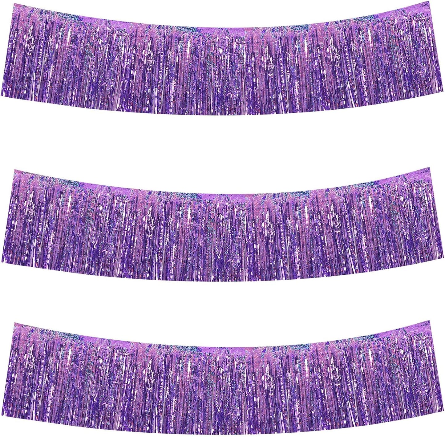 BEISHIDA 3 Packs Metallic Foil Fringe Garland Laser Light Purple Wall Hanging Tinsel Fringe Banners for Car Floats Bridal Shower Wedding Birthday Easter Graduation Holiday Party Decoration(30 Feet)