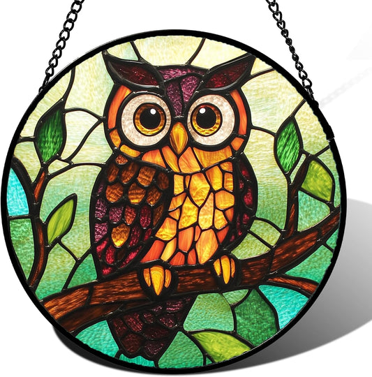 Stained Glass Window Hanging - Owl on a Branch Suncatcher for Doors Window Home Orange Brown Sun Catchers Decor Christmas Mother's Day Birthday Gifts for Teacher Women Men Mom Nana 9.8 in