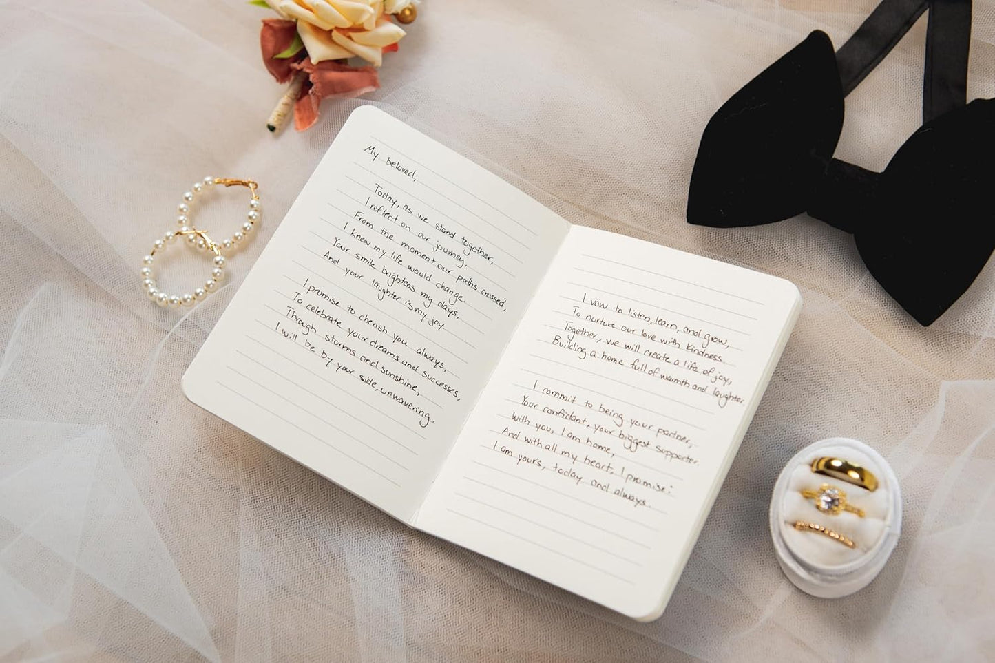 Slim Vow Books (Set of 2 - Design 4) - Soft Cream Canvas Linen Textured Cover Wedding Vow Booklets, Ceremony Speech Promise Notebook Journal, Gift for Newly Engaged Couple, 48 Lined Pages, 5.75" x 4"