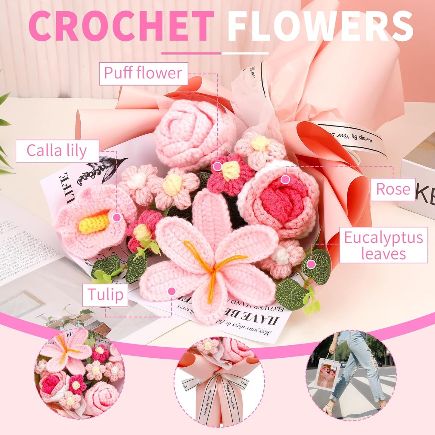 Crochet Flowers Bouquet, Handmade Knitting Crochet Flowers, Tulips Flower and Calla Lily Bouquet for Birthday, Teacher’s Day, Graduation, Valentines (Pink)