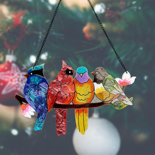 Stained Glass Window Hanging - Large Suncatcher Stained Glass Birds on Branch, Sun Catchers for Indoor Window Doors Room Home Decoration Hummingbird Gifts for Bird Lovers