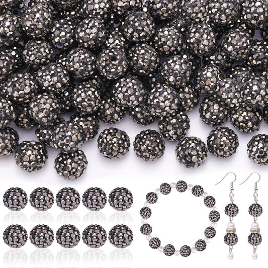 160pcs 10mm Rhinestone Beads for Jewelry Making, Hematite Shiny Round Disco Ball Beads Bulk, Sparkle Crystal Clay Christmas for Bracelet Baseball Necklace Earring Crafting and DIY