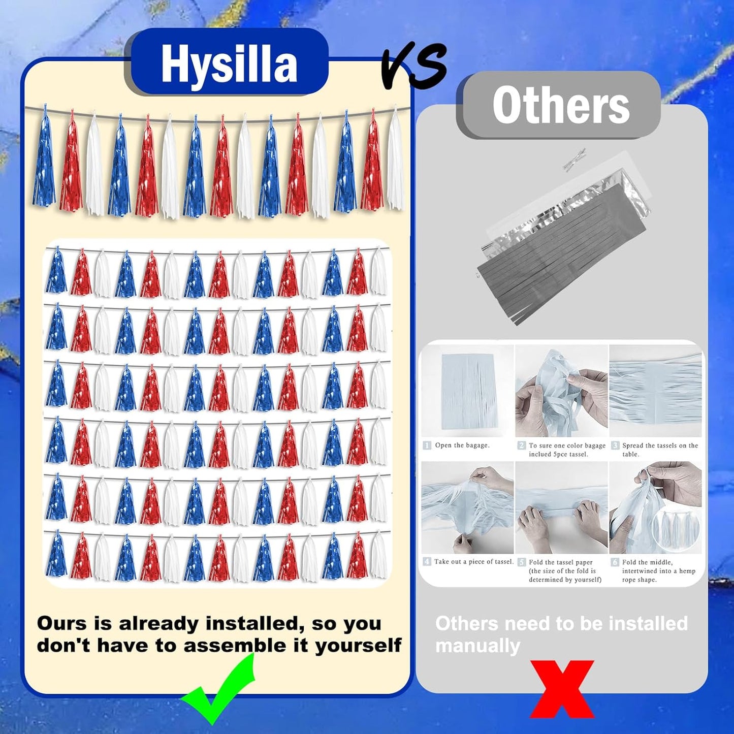 6P Red Blue White Foil Fringe Metallic Tassel Streamers Banner Tassel Garland for Parade Floats, Bachelorette, Wedding, Birthday, Graduation, Christmas, Bridal/Baby Shower Party Decorations