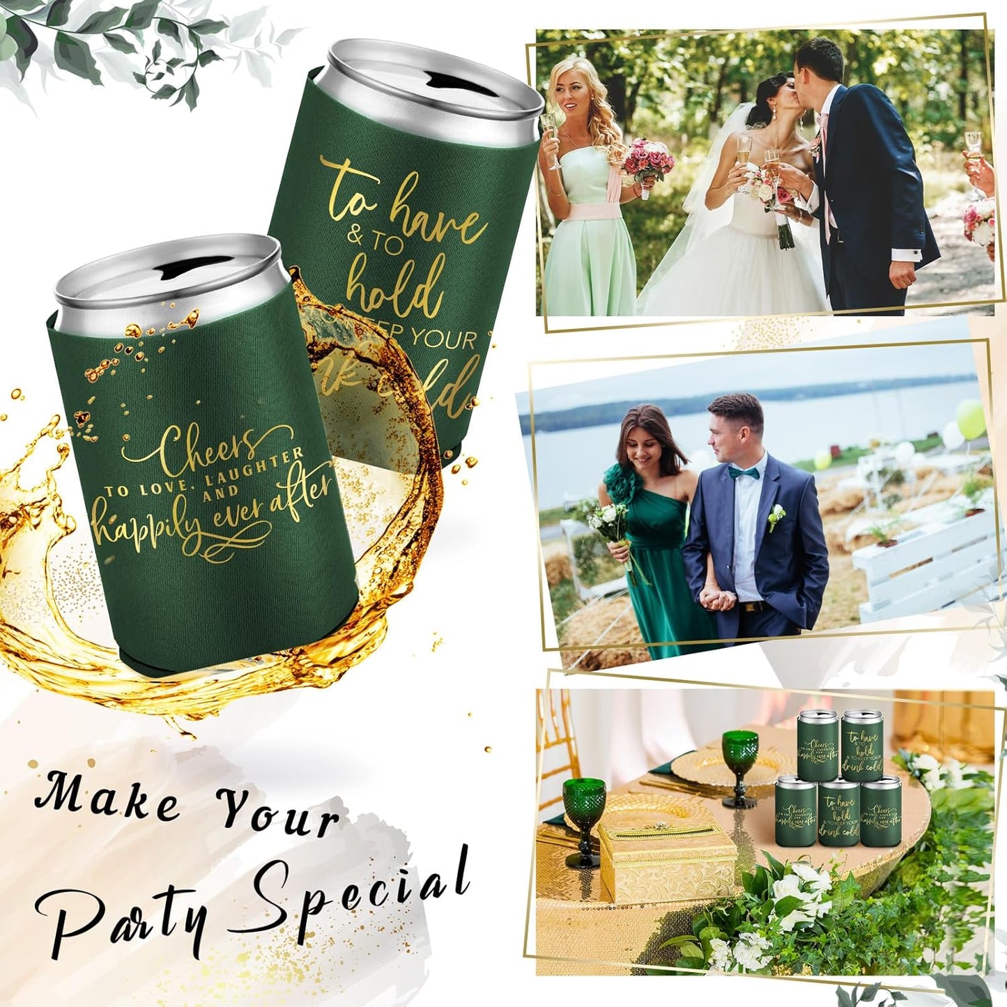 50 Pieces Wedding Can Cooler Bulk Engagement Party Favors for Guests Cheers to Love Laughter and Happily Ever After Rehearsal Dinner Decorations for Wedding Bridal(Army Green,Cute)
