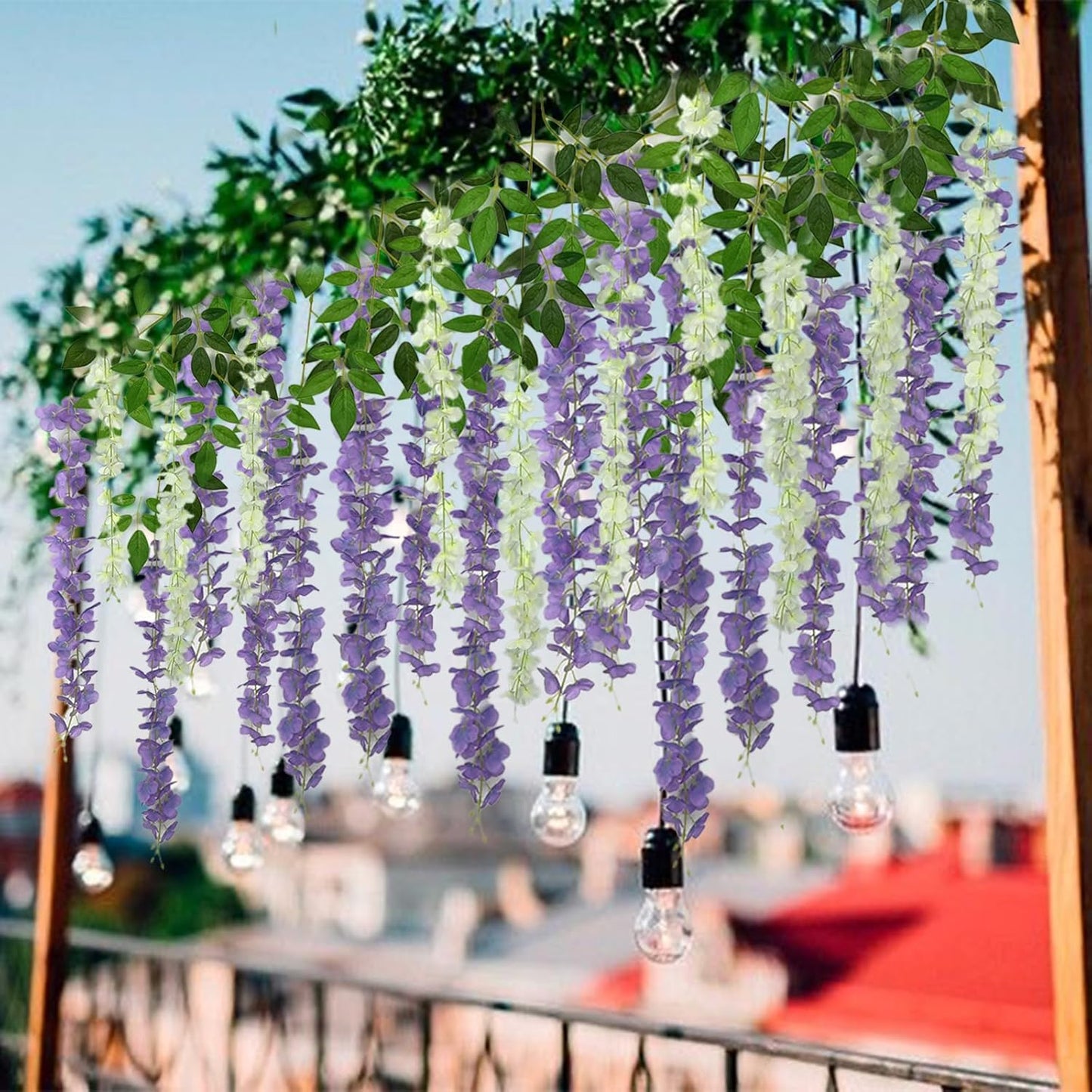 48 Pcs of Wisteria Hanging Flowers, 3.75 Ft Fake Wisteria Flower Strings, Artificial Wisteria Flowers Hanging Garland for Backdrop, Wedding, Ceremony,Garden and Home Wall Decoration (Dark Purple)