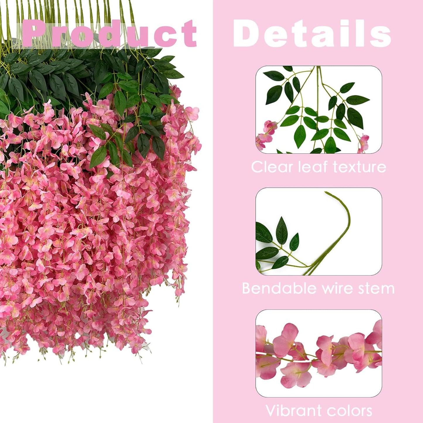 24 Pcs of Wisteria Hanging Flowers, 3.75 Feet Fake Wisteria Flower Strings, Artificial Wisteria Flowers Hanging Garland for Backdrop, Wedding, Ceremony,Garden and Home Wall Decoration (Pink)