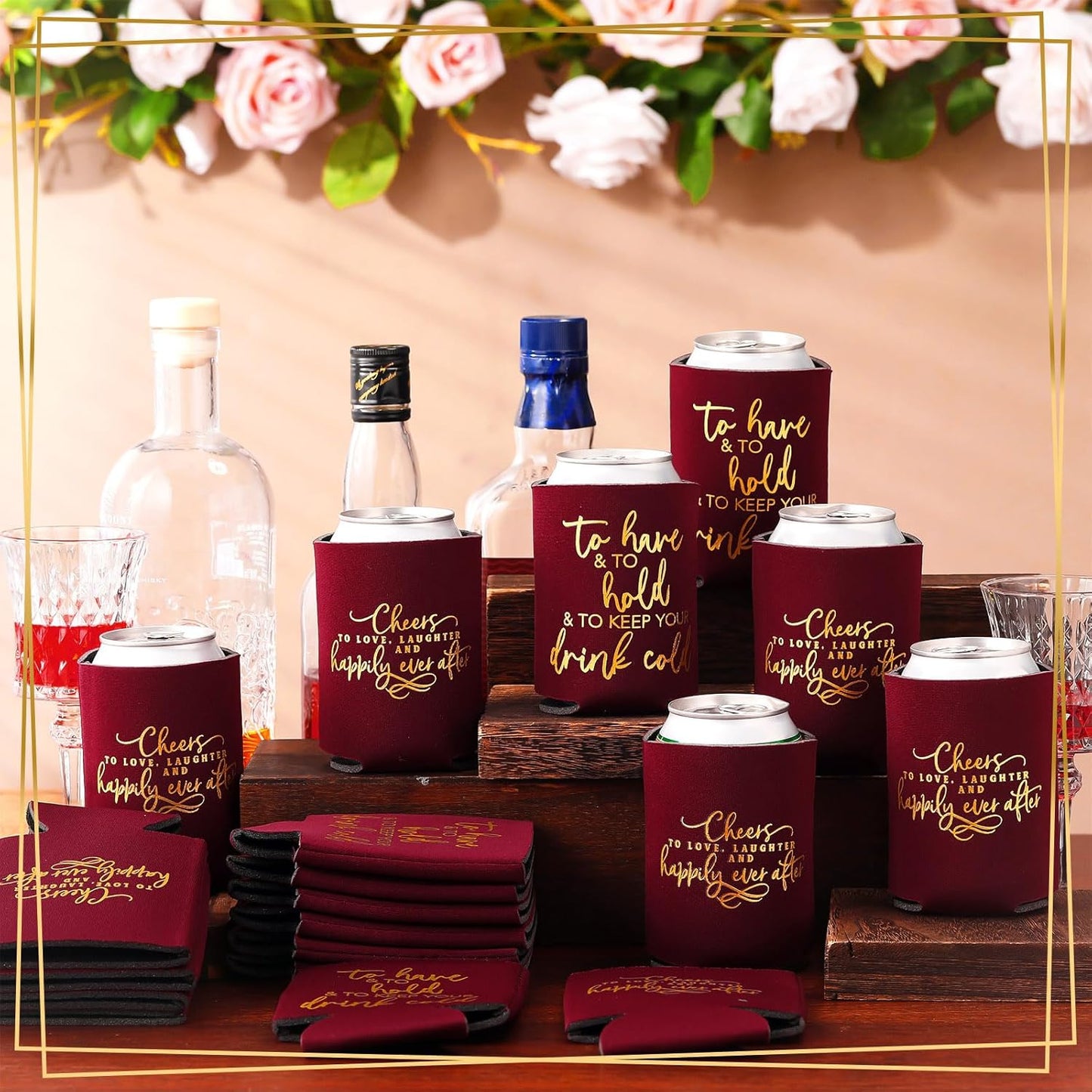 50 Pieces Burgundy Wedding Can Cooler Sleeves Bulk Engagement Party Favors for Guests Cheers to Love Laughter and Happily Ever After Rehearsal Dinner Decorations for Wedding Bridal Parties