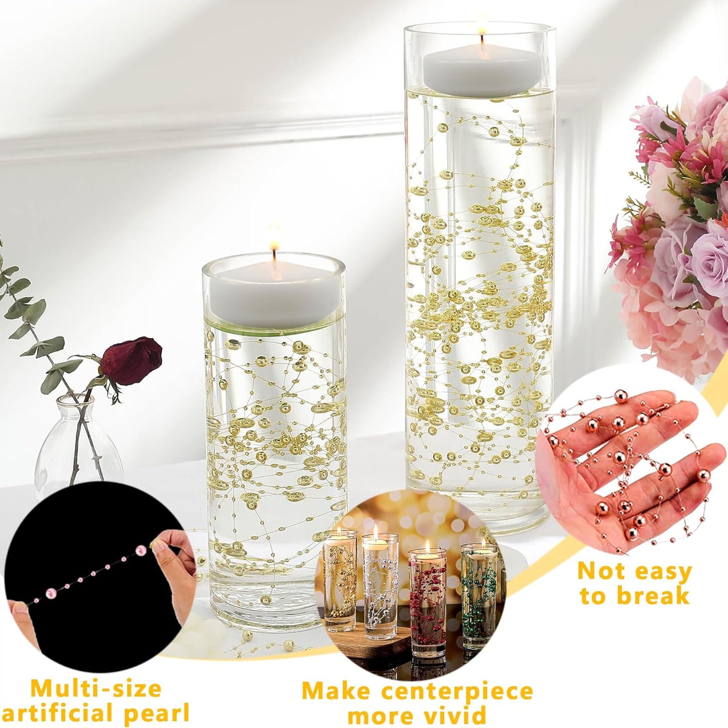 100 PCS Artificial Floating Beads for Centerpieces Vases, Light Blue 8+3mm String Beads for Wedding Party Faux Pearl String for Decorating, String Pearls for Crafts Vase Filler