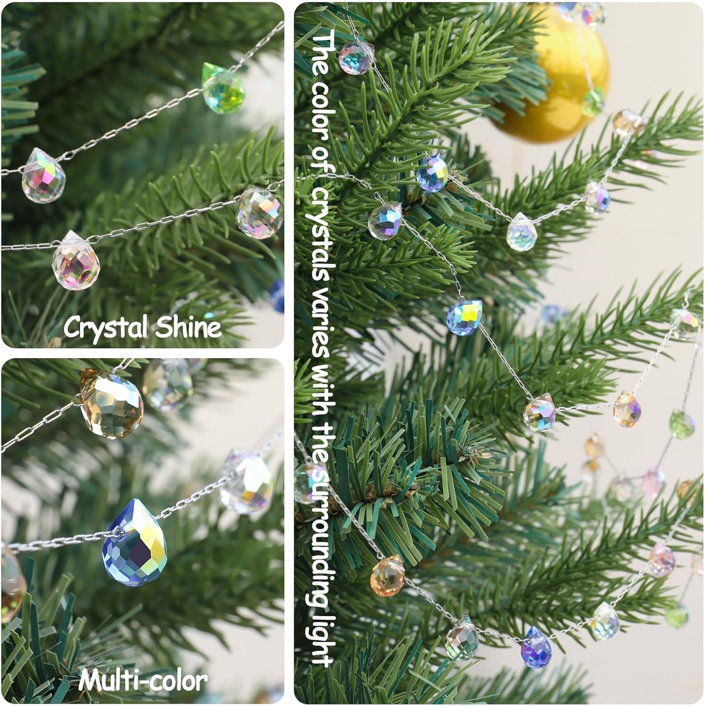 Christmas Garland, 9.8Ft Crystal Glass Beads Strands, 100pcs 10mm Faceted Waterdrop Glass Beads Hanging Ornament for Christmas Tree Centerpieces Wedding Party Decorations (Multicolor)