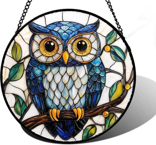 Stained Glass Window Hanging, Owl Gifts for Women Sun Catchers Diamond Glass Panel Hangings Birds Suncatcher Decor for Birthday for Women, Men, Wife, Aunt,and Mom 7.8X7.8IN