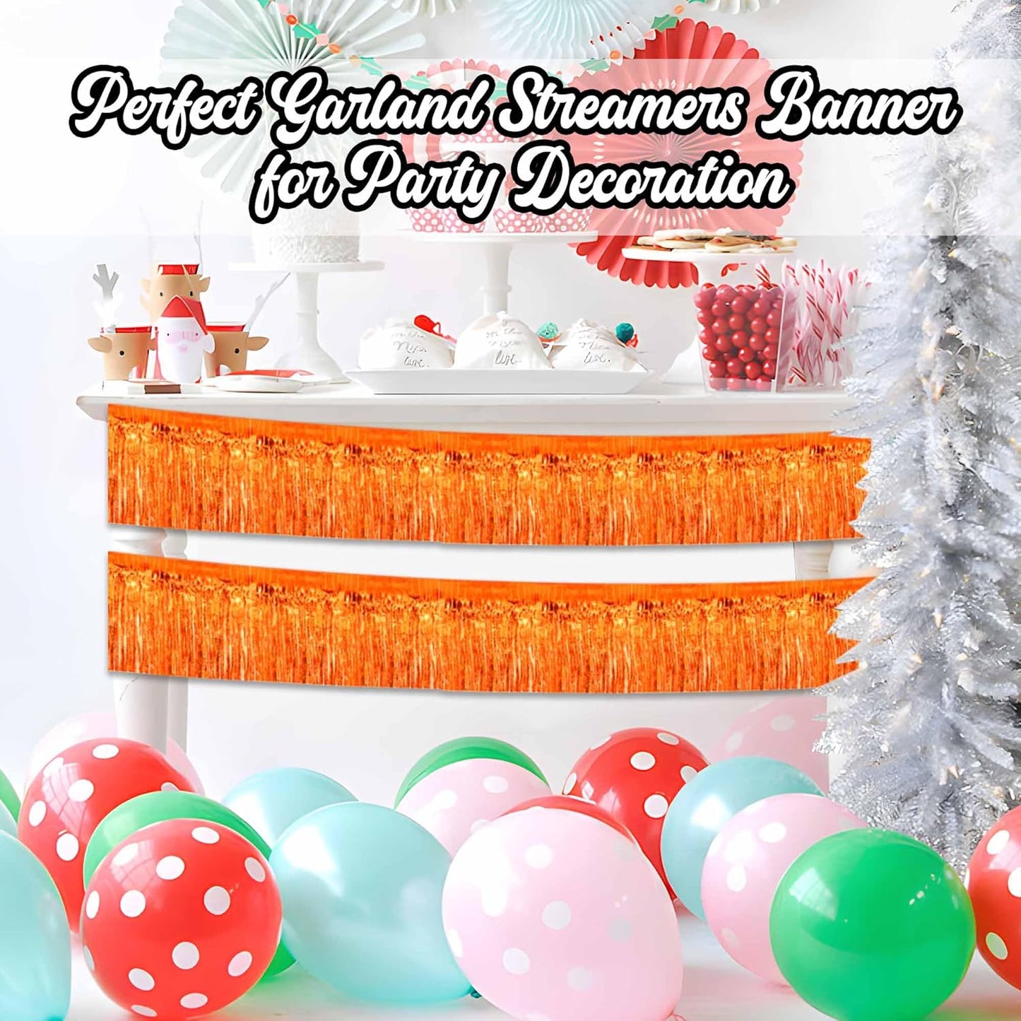 4 Pack 10 Ft Orange Foil Fringe Garland Metallic Streamers Tinsel Banner Wall Hanging Garland Backdrop for Parade Floats, Halloween, Christmas, Thanksgiving, New Year Party Decorations