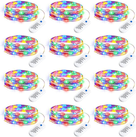Minetom 12 Pack Fairy Lights Battery Operated String Lights, 8 Modes & Timer, 7ft 20LED Multicolor Waterproof Silver Wire Twinkle Lights, Firefly Starry Moon Lights for Mason DIY Christmas Wedding