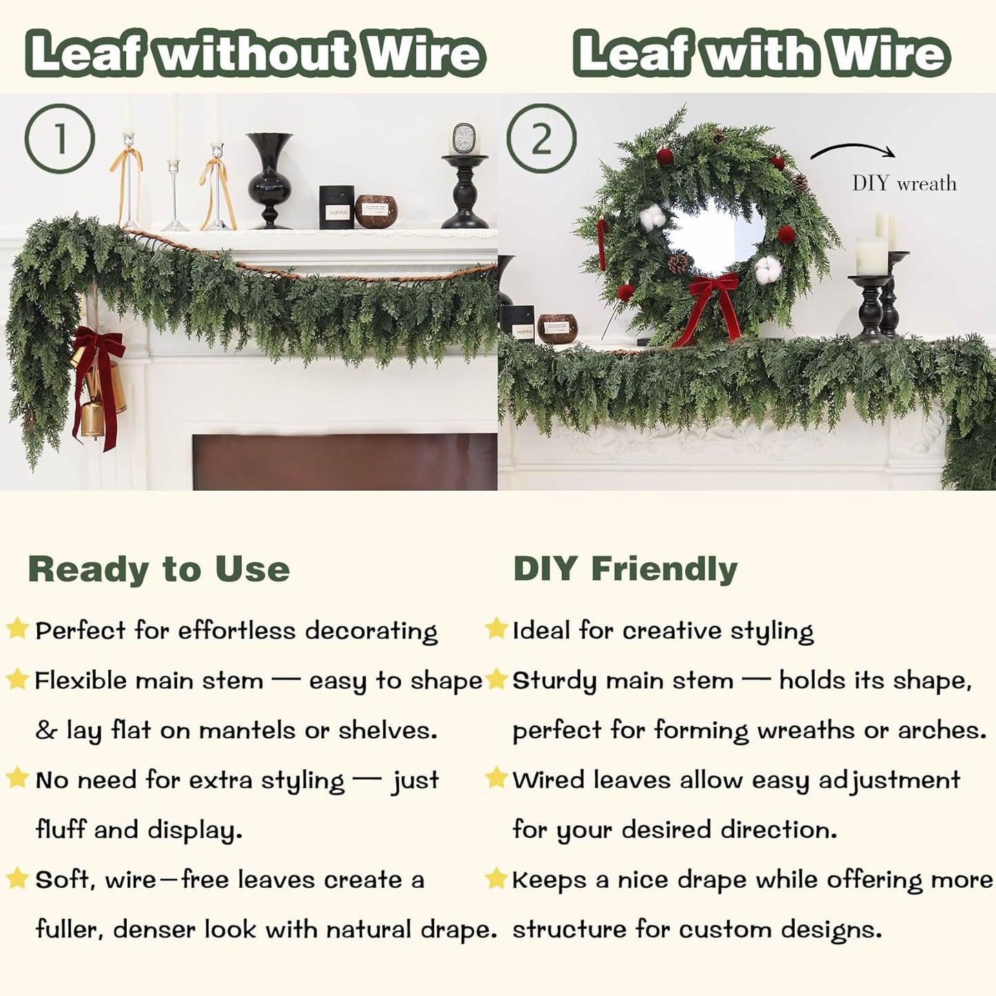 9FT 2PCS Artificial Cedar Garland for Christmas Decoration - Realistic Winter Greenery Garland for Mantel, Fireplace, Table, Door, Holiday Indoor Outdoor Decor