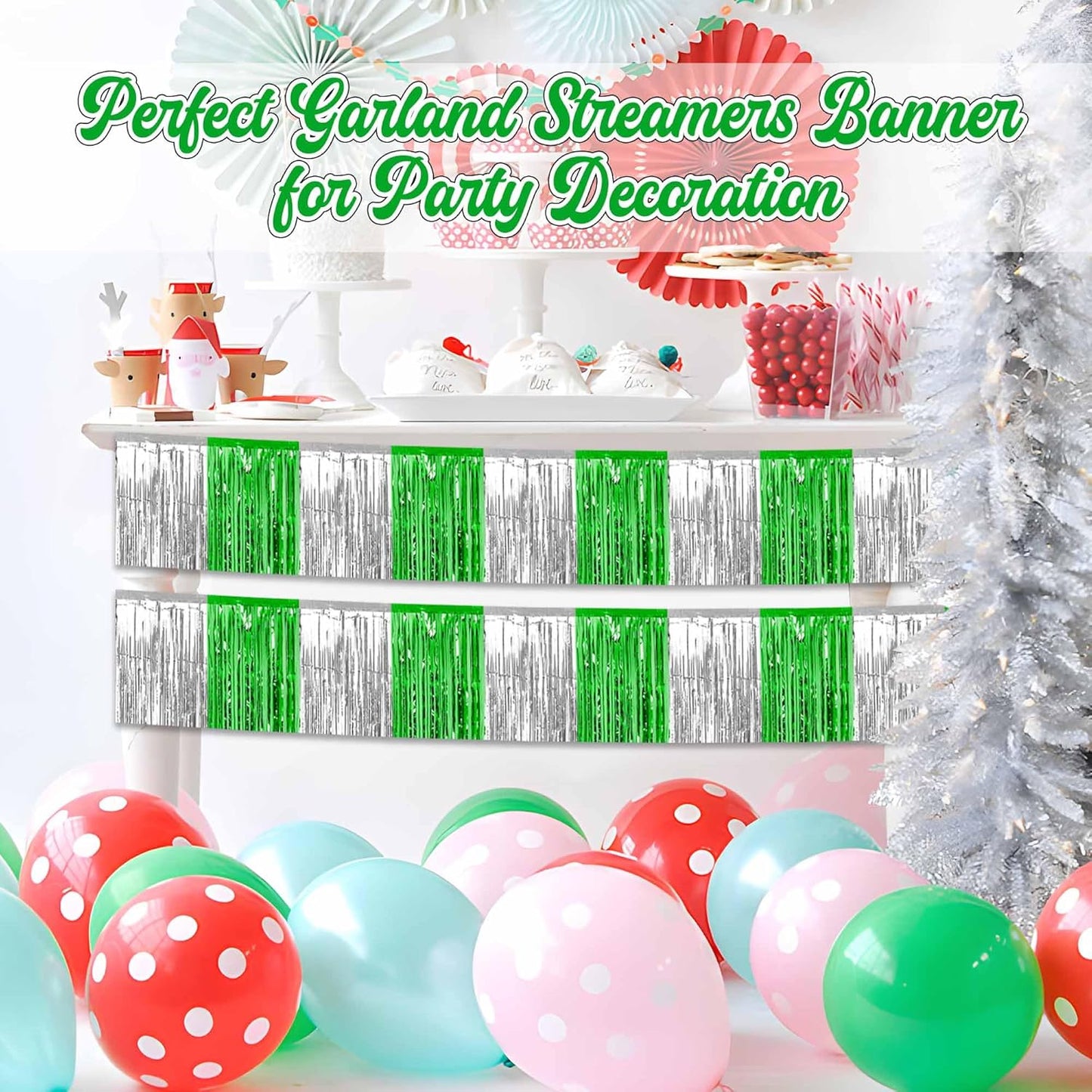 6 Pack 10 Ft Silver Green Foil Fringe Garland Metallic Streamers Tinsel Banner Wall Hanging Garland Backdrop for Parade Floats, Halloween, Christmas, Thanksgiving, New Year Party Decorations
