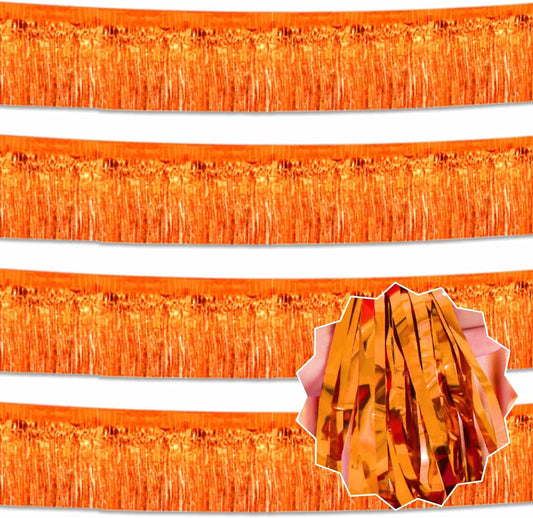 4 Pack 10 Ft Orange Foil Fringe Garland Metallic Streamers Tinsel Banner Wall Hanging Garland Backdrop for Parade Floats, Halloween, Christmas, Thanksgiving, New Year Party Decorations