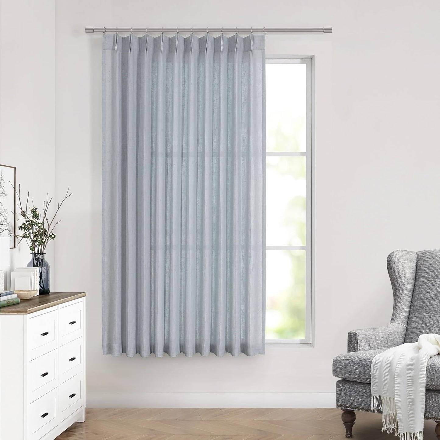 Vision Home Blue Fog Pinch Pleated Semi Sheer Curtains Textured Linen Blended Light Filtering Window Curtains 72 inch for Living Room Bedroom Patio Pinch Pleat Drapes with Hooks 1 Panel 60" Wx72 L