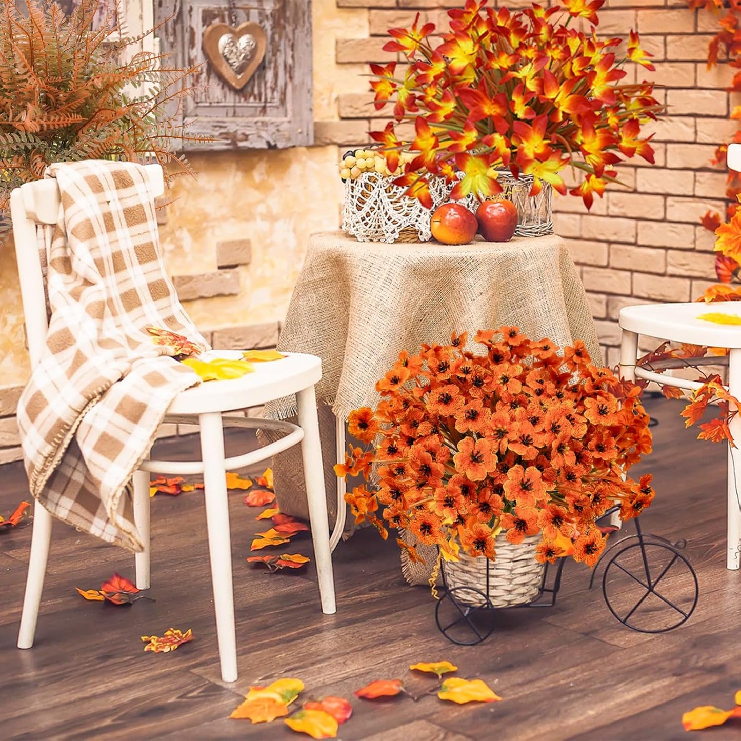 64Pcs Fall Flowers Outdoor Faux Fall Flowers Plants UV Resistant Autumn Artificial Plastic Flowers Greenery Fall Decoration for Outside Home Porch Patio Thanksgiving Decoration
