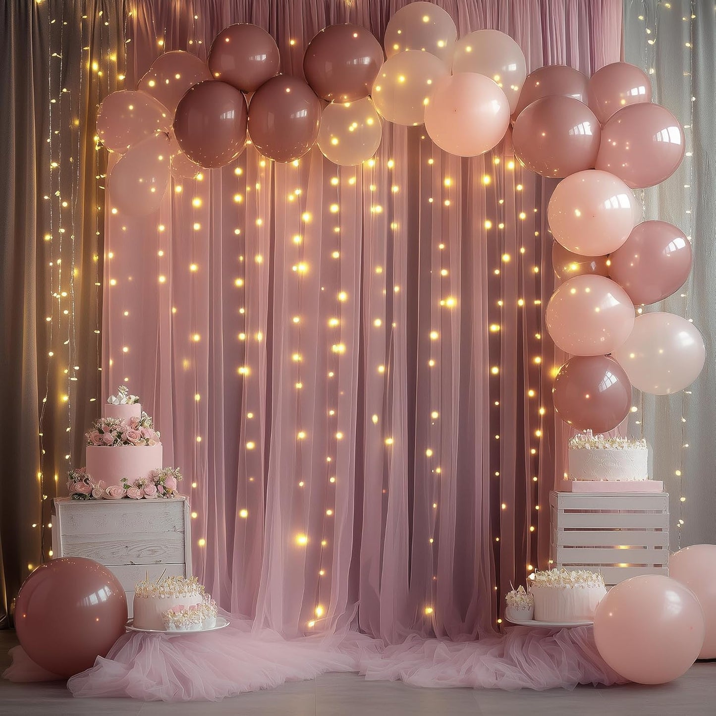 Tulle Backdrop Curtain with Lights String 10FT X 8FT Dusty Rose Sheer Tulle Backdrop Curtains for Wedding Birthday Party Reception Photo Booth Background Decorations (2 Panels 5x8FT)