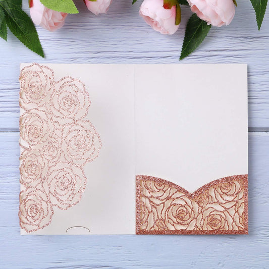 20 Pcs Laser Cut Wedding Invitations Card Pocket with Envelope for Birthday Party Baby or Bride Shower Invite suitable for 5 * 7 Inches Insert Paper (Rose Gold Glitter)