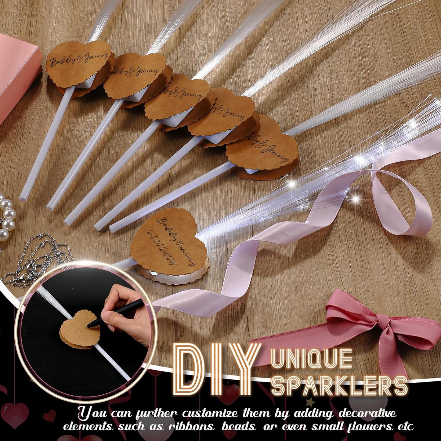 24 Pcs Wedding Sparklers Heart Shaped LED Glow Sticks Fiber Optic Wands Light up Wand with 3 Light Mode for Wedding Bridal Shower Birthday Glow in the Dark Party Supplies (Brown)