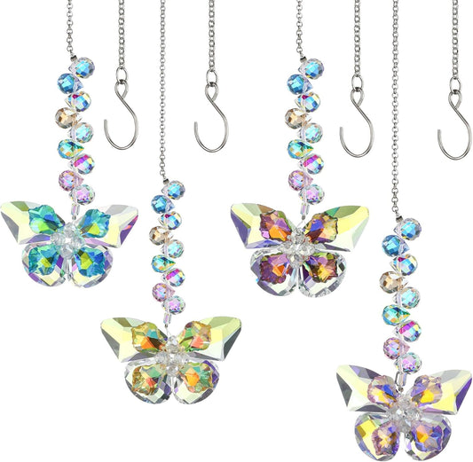 HDCRYSTALGIFTS 4pcs Crystal Butterfly Suncatchers for Window Hanging Ornaments, Rainbow Maker Sun Catchers Indoor Outdoor Patio Garden Decor Gifts