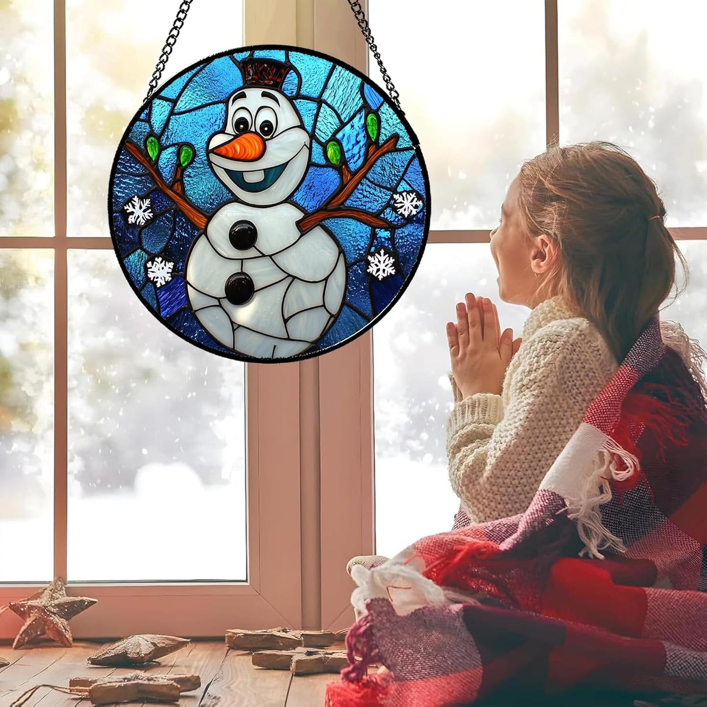 Stained Glass Window Hanging Christmas Funny Snowman 15" - Suncatcher Door Garden Blue White Snowflakes Sun Catcher New Year Birthday for Friend Mom Men Woman Nana
