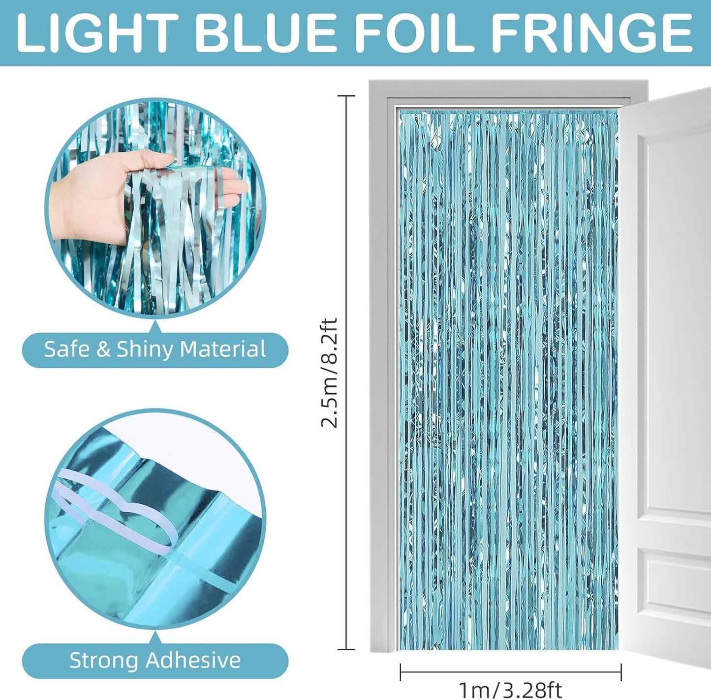 Light Blue Fringe Curtain Party Streamers, 12 Pack 3.3ft x 8.2 ft Foil Curtain Backdrop Tinsel Foil Fringe Curtains Photo Booth Backdrop Streamer for Birthday, Wedding, Baby Shower, Disco Party
