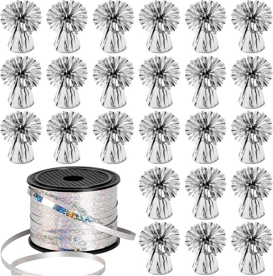 24 PCS Balloon Weights Metallic Anchor, Balloon Holder Heavy Weights with and 1 Roll Iridescent Crimped Ribbon for Balloons Table Party Favor Birthday Decor(Silver)