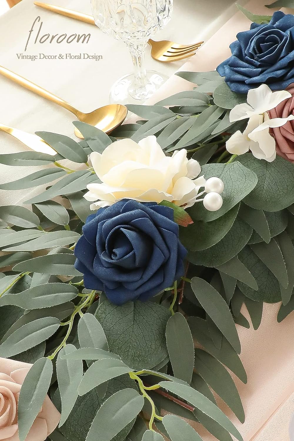 Floroom 6ft Artificial Eucalyptus Garland with Flowers Fake Greenery Faux Floral Vine Garland for Table Decor Wedding Centerpieces Bridal Shower Party Decorations, Dusty Rose & Navy