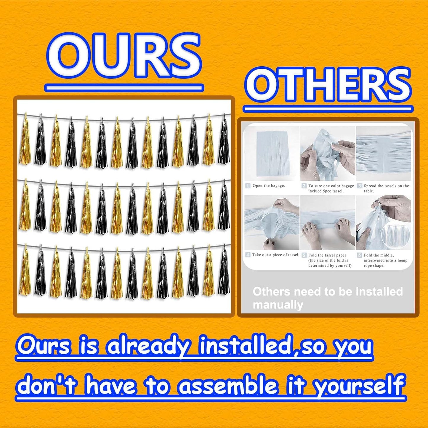 3P Metallic Fringe Tassel Banner Garland Foil Tinsel Streamer Wall Hanging Curtain Backdrop Banner for Parade Floats,Graduation Decorations, Father's Day,New Years Party Decoration(Black Gold)