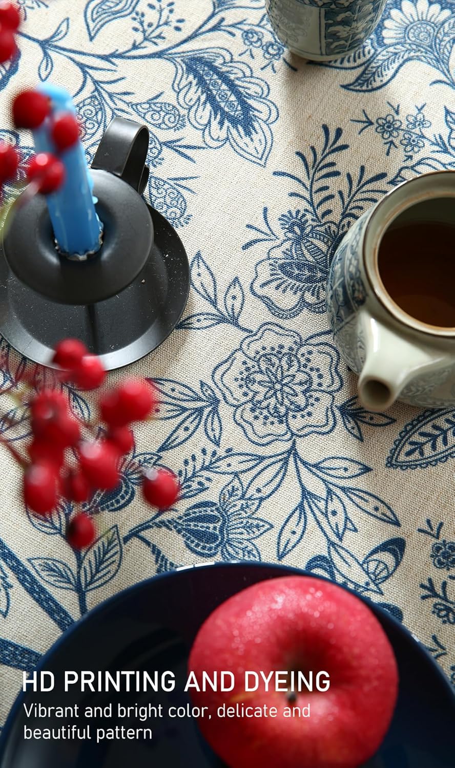 ISAENNE Designer French Linen Round Tablecloth,Blue Floral Washable Indoor Table Cloth,Durable Home Decor Tablecloths for Dining Thanksgiving Kitchen Party Christmas,Diameter 67"-Ruyi B