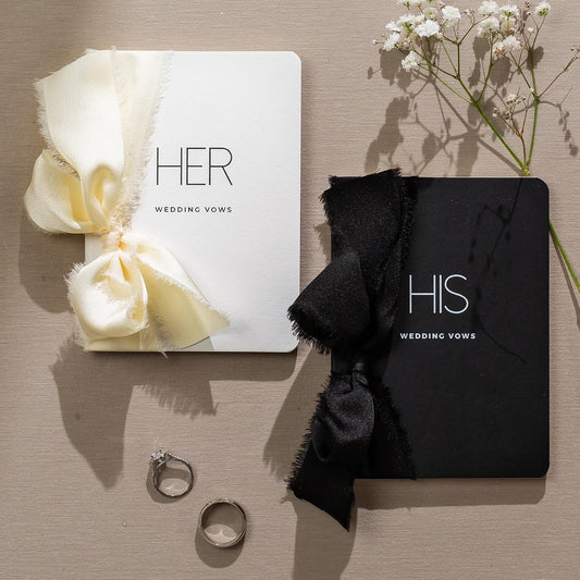 Black White His Her Slim Vow Books w/Ribbon (Set of 2) - 5.625 x 4" Minimalist Pocket Sized Modern Wedding Ceremony Vow Renewal Speech Notebook Journal