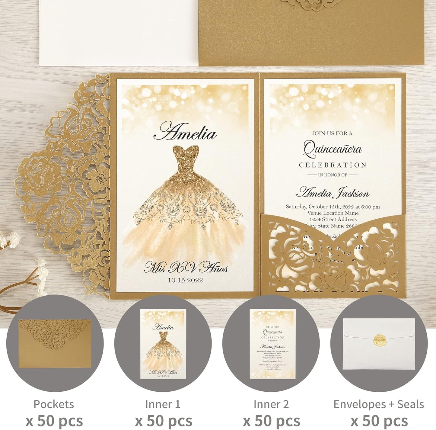 DORIS HOME 50pcs Laser Cut Quinceanera Invitations Gold, 4.7x7.1 Personalized Quince Invitations for 15th Birthday, Invitation cards for Sweet 16 with Envelopes